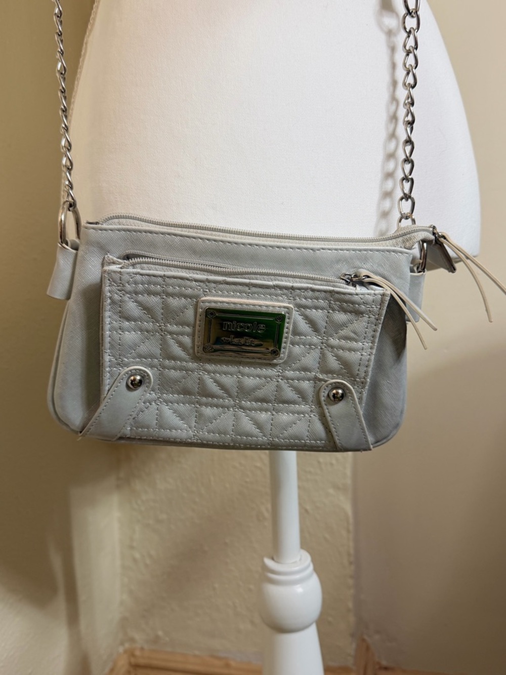 Nicole by Nicole Miller Light Silver Quilted Crossbody Bag with Chain Strap